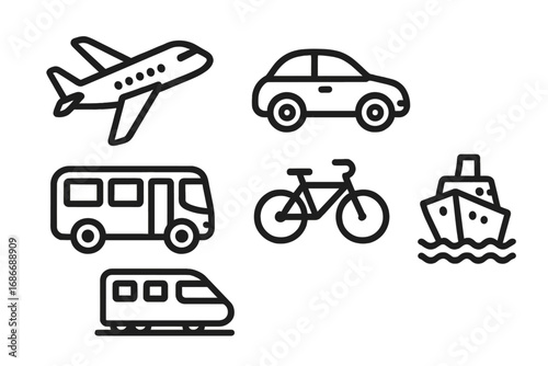 Minimalistic Transportation Icons Set Representing Various Modes of Travel Including Airplane, Car, Bus, Bicycle, Ship, and Train in Vector Cartoon Style with Transparent Background