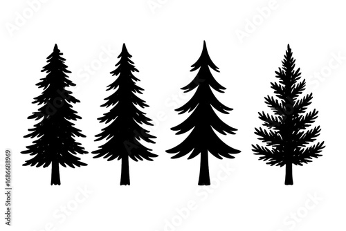 Black silhouette Christmas tree clip art, hand-drawn spruce fir trees, winter holiday symbols, ink plant sketch, forest evergreens, seasonal decoration vector design