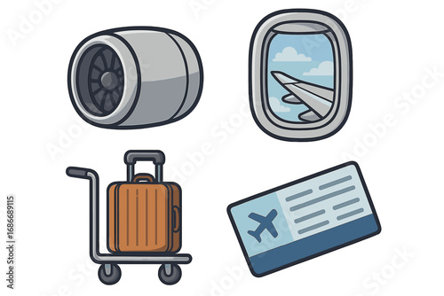 Air travel icons set. Airline flight collection with airplane engine, window view with wing, luggage cart and boarding pass. Vector cartoon illustration for tourism and vacation.