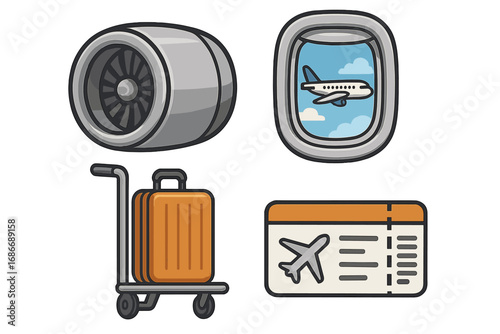 Air travel and tourism icon set. Vector cartoon illustration of flight elements. Airplane engine, window view, luggage cart, and boarding pass for vacation or journey concept.
