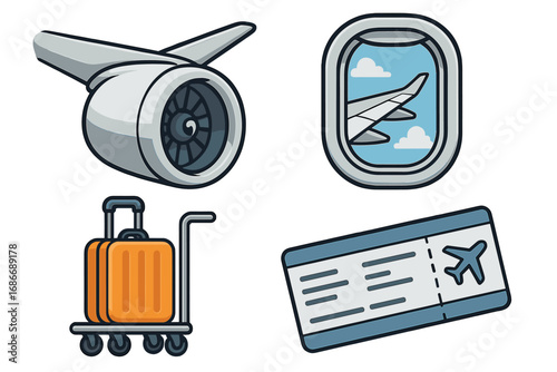 Set of air travel symbols. Airplane engine, window with wing view, luggage cart with suitcase, and airline ticket. Vector icon collection for flight, vacation, and tourism.