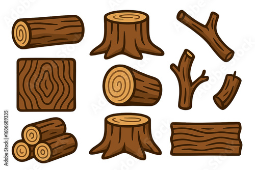 Variety of wood icons and designs for creative projects featuring logs, tree stumps, branches, wood textures, rustic elements, and natural wooden motifs in simple cartoon vector style
