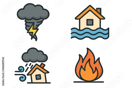 Various natural disaster icons depicting tornado, flood, storm, wildfire, lightning and rain damage in minimalist vector cartoon style with transparent background ordered set