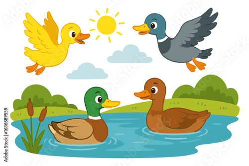 Cute cartoon duck set. Flying duckling and swimming mallard family in a pond on a sunny day. Vector illustration of wildlife birds in nature. Waterfowl character collection.