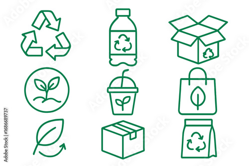Eco-friendly line icons vector set showcasing recycling symbols, sustainable packaging concepts, biodegradable containers, green leaf elements, and eco-conscious design with transparent background