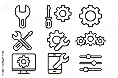 Modern vector line icon set featuring tools, settings, and gears for mechanical and digital applications, technology maintenance, repair, engineering, and user interface design