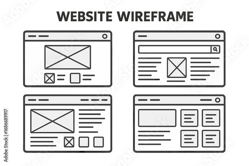 Modern website design layout concepts for user interfaces showcasing detailed wireframe examples vector illustration, minimalist cartoon style, transparent background, ordered set