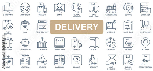 Delivery concept simple line icons set. Pack outline pictograms of e-shopping, email, global logistics, safe packaging, cargo, fast shipping and other. Symbols for website and mobile app design.