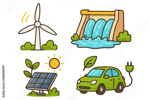 Set of renewable energy sources icons. Green energy and sustainability concepts. Wind turbine, hydroelectric dam, solar panels, and electric car. Eco friendly power. Vector cartoon.