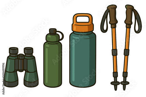 Hiking gear essentials for outdoor adventure. Trekking equipment set with binoculars, water bottle, and nordic walking poles. Concept for camping, travel, and exploration vector.