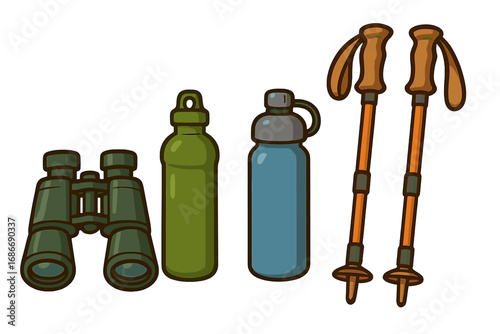 Essential hiking gear including binoculars, water bottles, and trekking poles for outdoor adventures in nature. Vector cartoon illustration set for camping, tourism, and exploration.