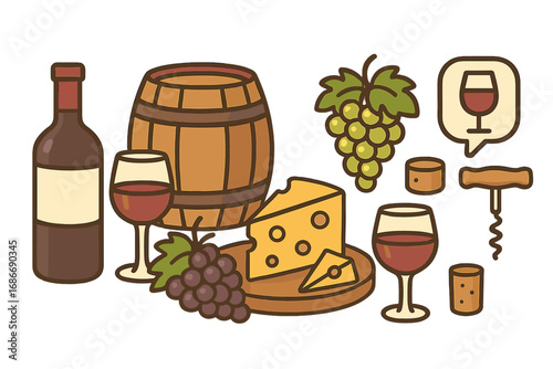Wine and cheese gathering with grapes, barrel, corkscrew, and glasses. Minimalist vector cartoon illustration of winemaking, wine tasting, and gourmet cheese on transparent background