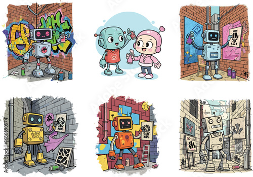 Cartoon robots creating graffiti art on city walls, urban alleyway spray paint, fun futuristic street artists in colorful style