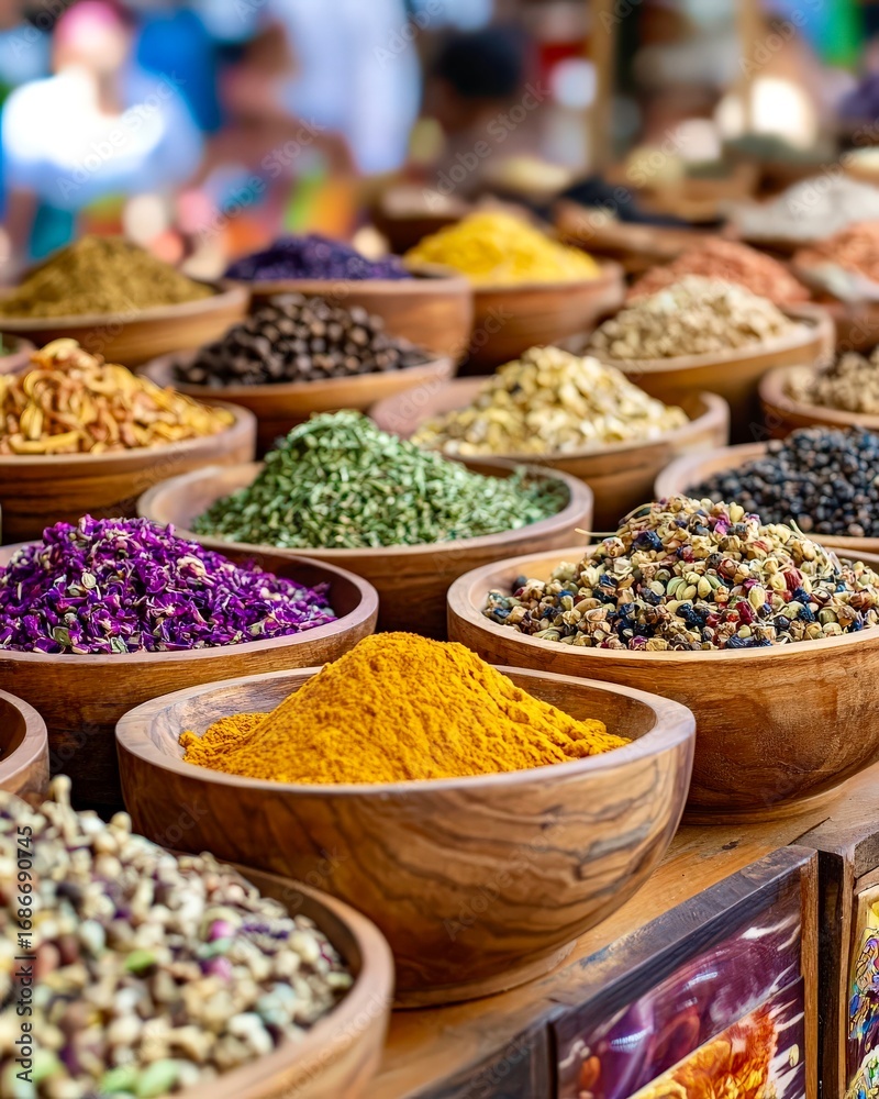 Fototapeta premium Colorful spices at traditional street market with bowls and herbs decorative arrangement