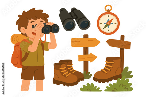 Hiking adventure and camping icon set. Boy scout explorer with backpack looking through binoculars. Outdoor kid with equipment: compass, boots, trail signs. Vector concept.