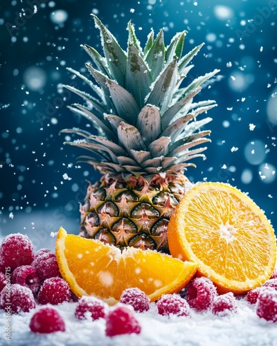 Tropical fruits pineapple orange berries splashing in water with ice refreshing healthy design