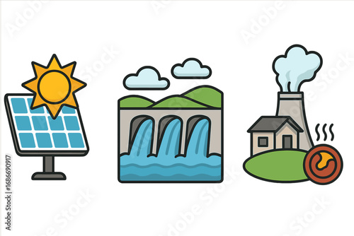 Renewable energy sources icon set. Solar panel, sun, hydroelectric dam, water power, geothermal plant illustrations. Clean green technology vector cartoon collection. Eco.