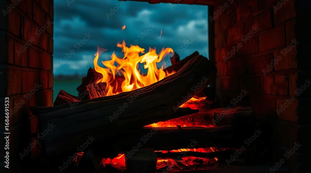 Obraz premium crackling fire in a rustic fireplace
