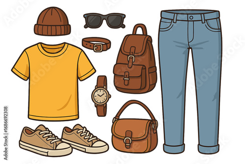 Fashion accessories and clothing collection flat lay for casual wear. Vector illustration set with t-shirt, jeans, backpack, sneakers, sunglasses, hat, watch and handbag.