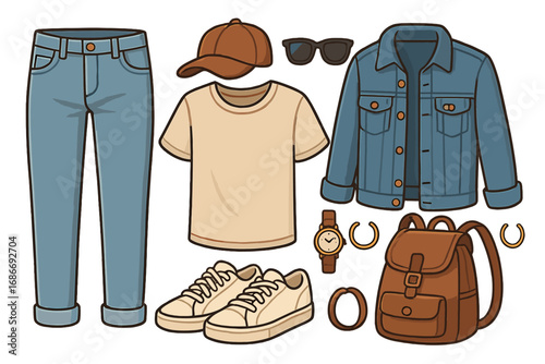Casual fashion outfit flat lay. Vector cartoon illustration of clothing and accessories set. Denim jacket, jeans, t-shirt, sneakers, backpack, and cap. Travel essentials.