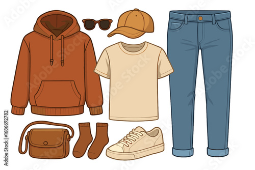 Vector set of a casual clothing outfit. Men's fashion look with hoodie, jeans, t-shirt, sneakers, cap, and accessories. Everyday streetwear essentials flat lay collection.