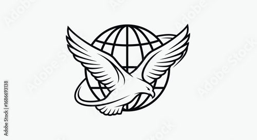 A white dove with outstretched wings flies across a stylized globe symbolizing peace and freedom.