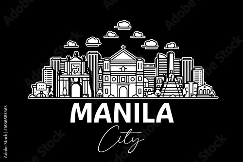 Manila, Philippines architecture line skyline illustration with shadows. Linear vector cityscape with famous landmarks, city sights, design icons.