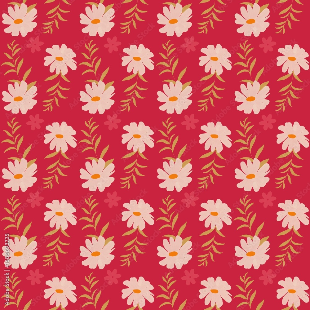 Fototapeta premium Floral Repeat Pattern: Delicate Daisies and Tendrils on Crimson