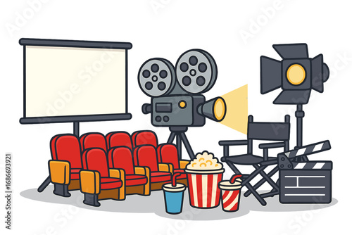Cinema and filmmaking equipment set for a movie night or film festival. Vector cartoon illustration with camera, screen, seats, popcorn, and director's chair concept.