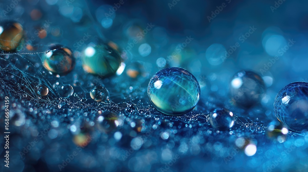 Naklejka premium Water droplets macro: The image showcases intricate detail of glistening water droplets, creating a mesmerizing display of nature's elegance.