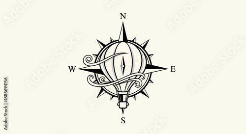 Vintage Hot Air Balloon Compass Rose Illustration.