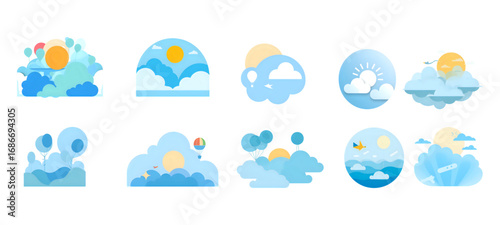 Set of Flat Design Weather Icons depicting clouds, sun, and sky elements