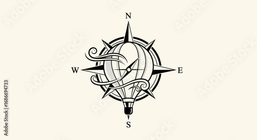 Vintage hot air balloon integrated with a compass rose symbolizing adventure and travel.