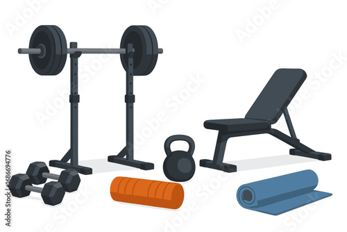 Gym equipment set for strength training & bodybuilding. Fitness items for a workout. Vector icon collection with barbell, dumbbell, kettlebell, bench, foam roller & yoga mat.
