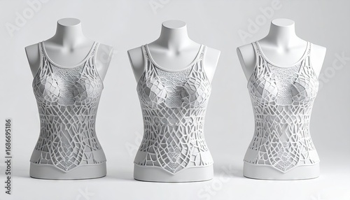 Three Futuristic 3D Printed White Evening Gowns with Reflective Surfaces