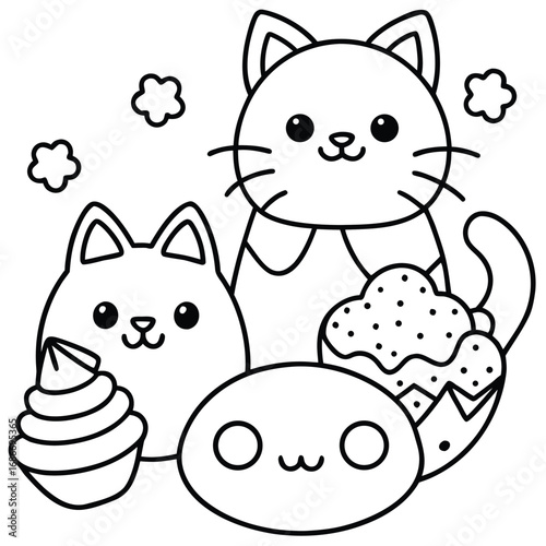 A heartwarming black and white coloring page featuring three adorable cartoon cats.