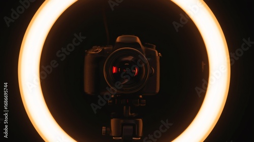 Modern digital camera recording with ring light in a studio