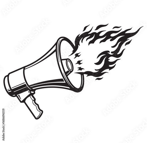 Powerful black and white megaphone with flames illustrating passionate communication concept