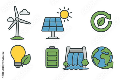Renewable energy icon set. Green power and sustainable technology concept. Vector cartoon illustration. Solar panel, wind turbine, hydro dam, battery and recycle symbol.