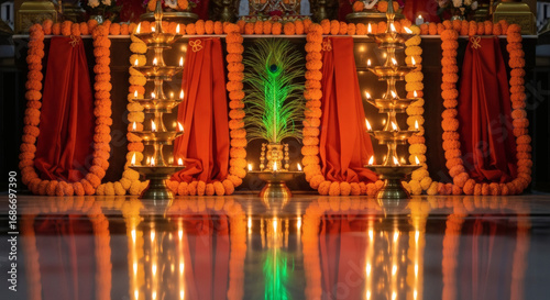 Vibrant Indian festival or wedding stage decoration with orange and red drapes, string lights, and marigold flowers on a shiny floor.