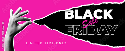 Black Friday web banner vector design template. Black Friday sale poster with halftone collage hand, torn paper effect and bold typography on pink background with copy space.