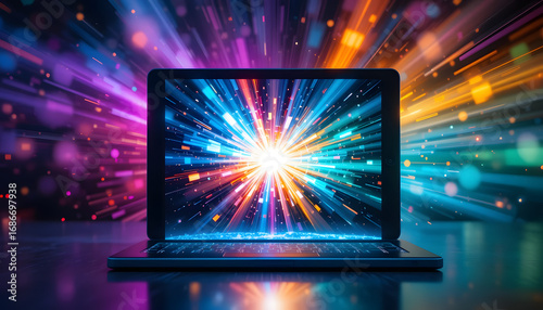 Vibrant digital laptop display bursts with energy and futuristic light trails for high tech business presentations.