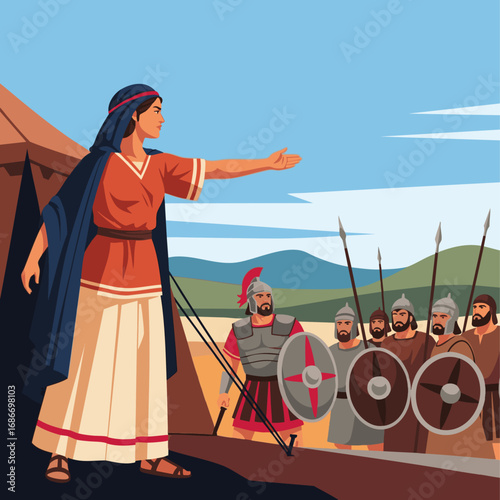 Jael calling to Barak and his men, bible