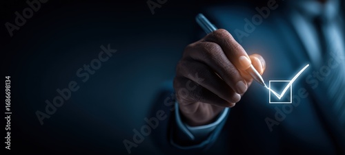 Close-up of a hand holding a pen to mark a checkmark in a box against a dark blue background, suggesting approval or completion