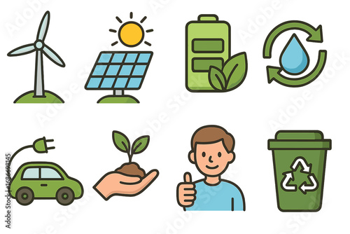 Set of renewable energy and sustainability icons. Vector collection of green power, solar panel, wind turbine, electric car, recycling, and eco-friendly concepts for modern society.