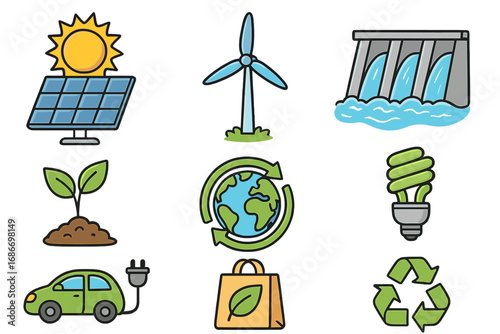 Renewable energy sources and sustainability icon set. Green power concept with solar panel, wind turbine, hydropower dam, and electric car. Eco-friendly, recycling, and nature icons.