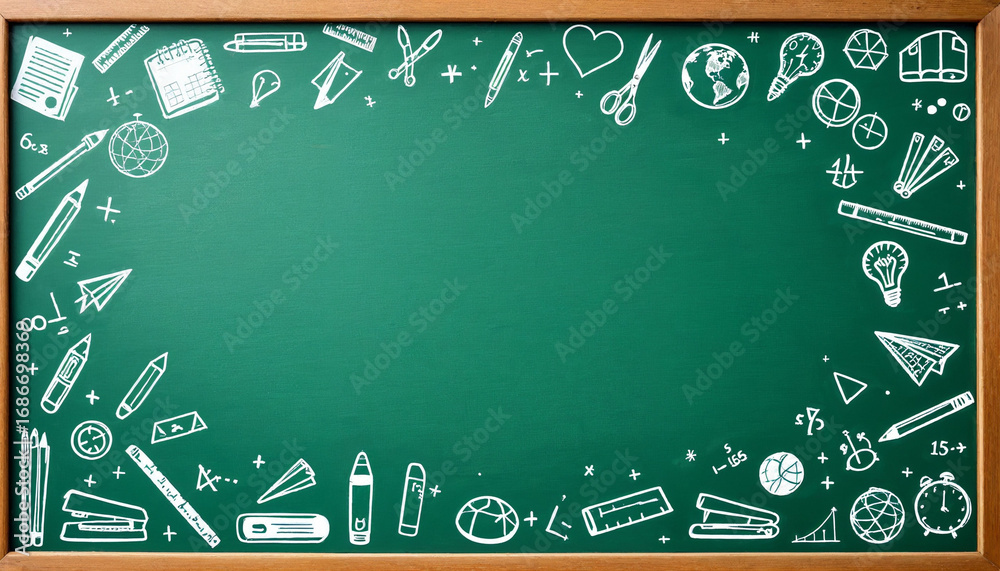 Fototapeta premium Digital illustration of green chalkboard with white chalk school supply doodles