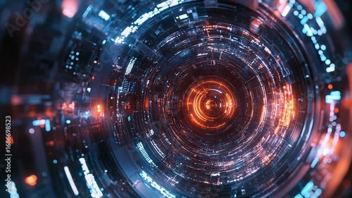 Wallpaper Mural Futuristic tunnel rotating with glowing orange and blue lights Torontodigital.ca