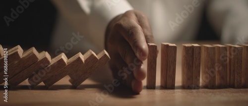 A hand prevents falling dominoes, on a wooden surface. Some dominoes have already fallen in a chain reaction. Focused on prevention and strategy