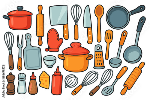 Kitchen utensils and cooking tools big set. Vector cartoon doodle illustration. Food preparation equipment. Culinary icons collection with pot, pan, knife, whisk, rolling pin.